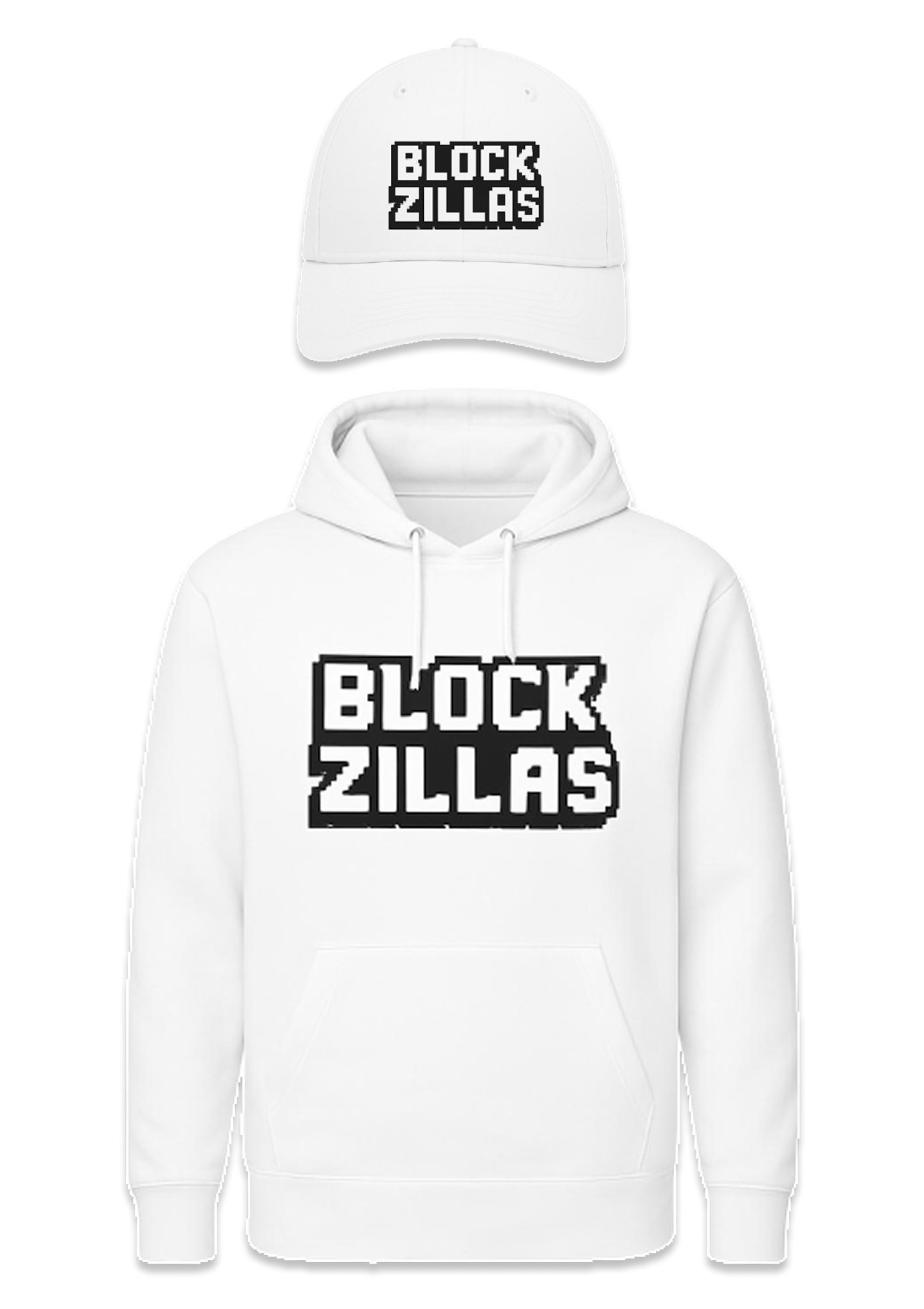 White BlockZillas cap and hoodie set